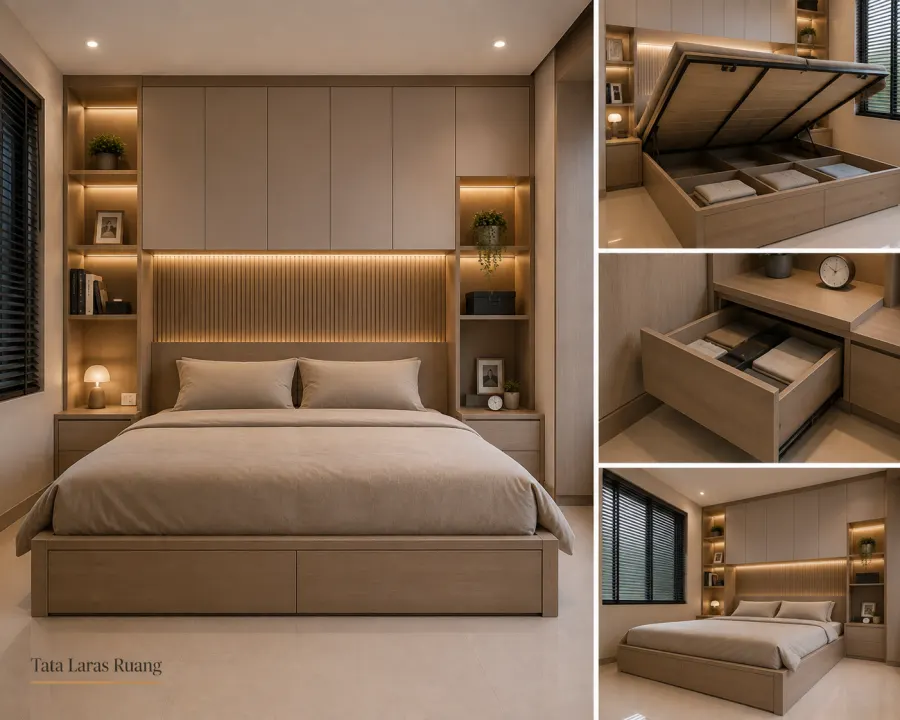 Dipan custom storage backdrop kamar tidur Cikarang