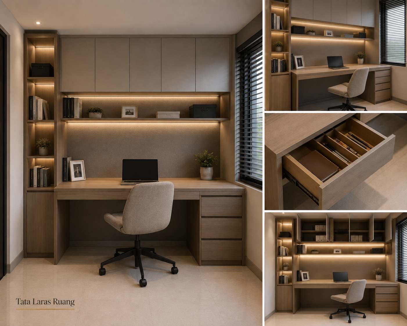 Meja kerja custom rak buku built-in Cikarang